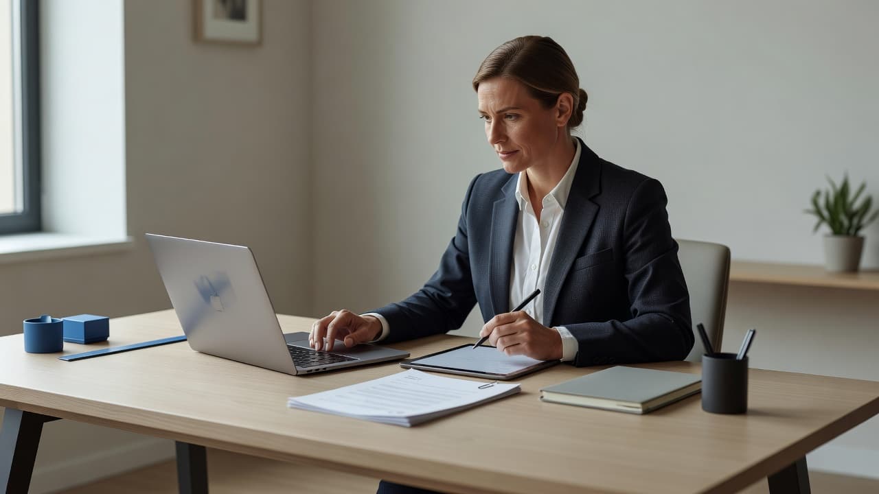 A professional editorial scene illustrating "Accountant Invoice Template" — a freelancer or small-business owner working