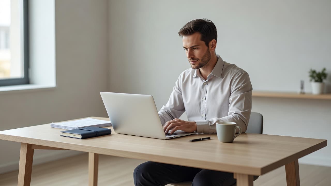 A professional editorial scene illustrating "Moving Company Invoice Template" — a freelancer or small-business owner wor