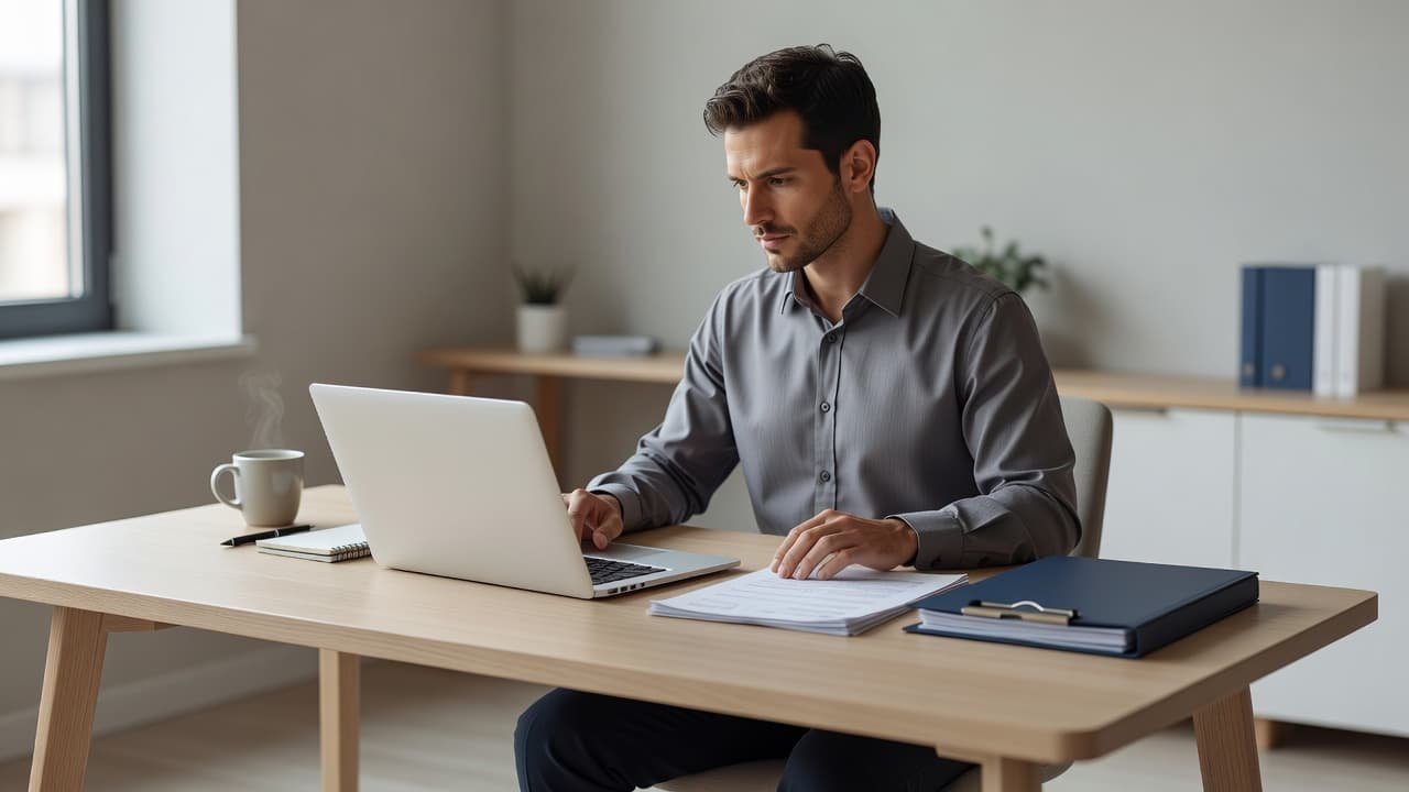A professional editorial scene illustrating "Bookkeeper Invoice Template" — a freelancer or small-business owner working