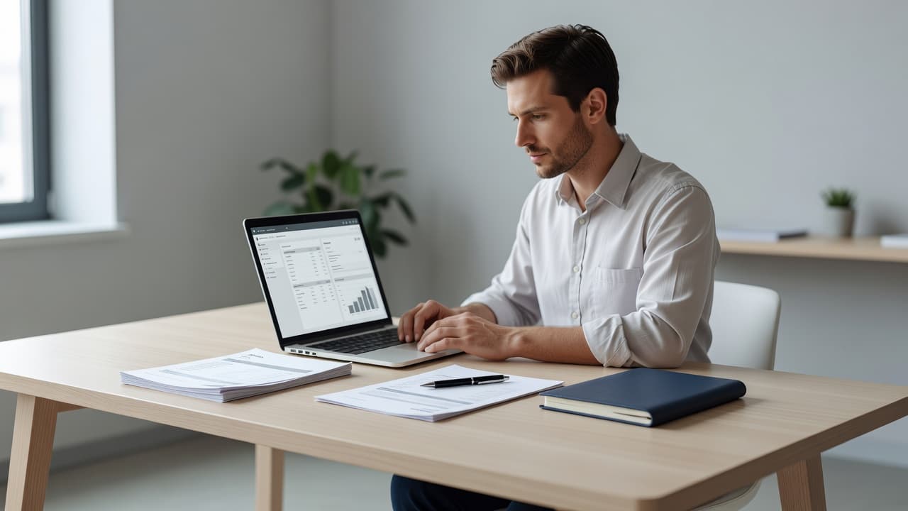 A professional editorial scene illustrating "Freelance Writer Invoice Template" — a freelancer or small-business owner w