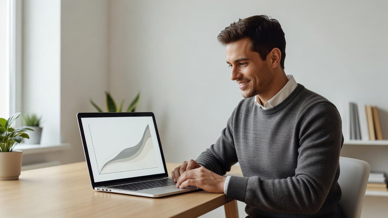 A freelancer reviewing an abstract upward-trending chart on a laptop screen in a bright modern home office, focused and 
