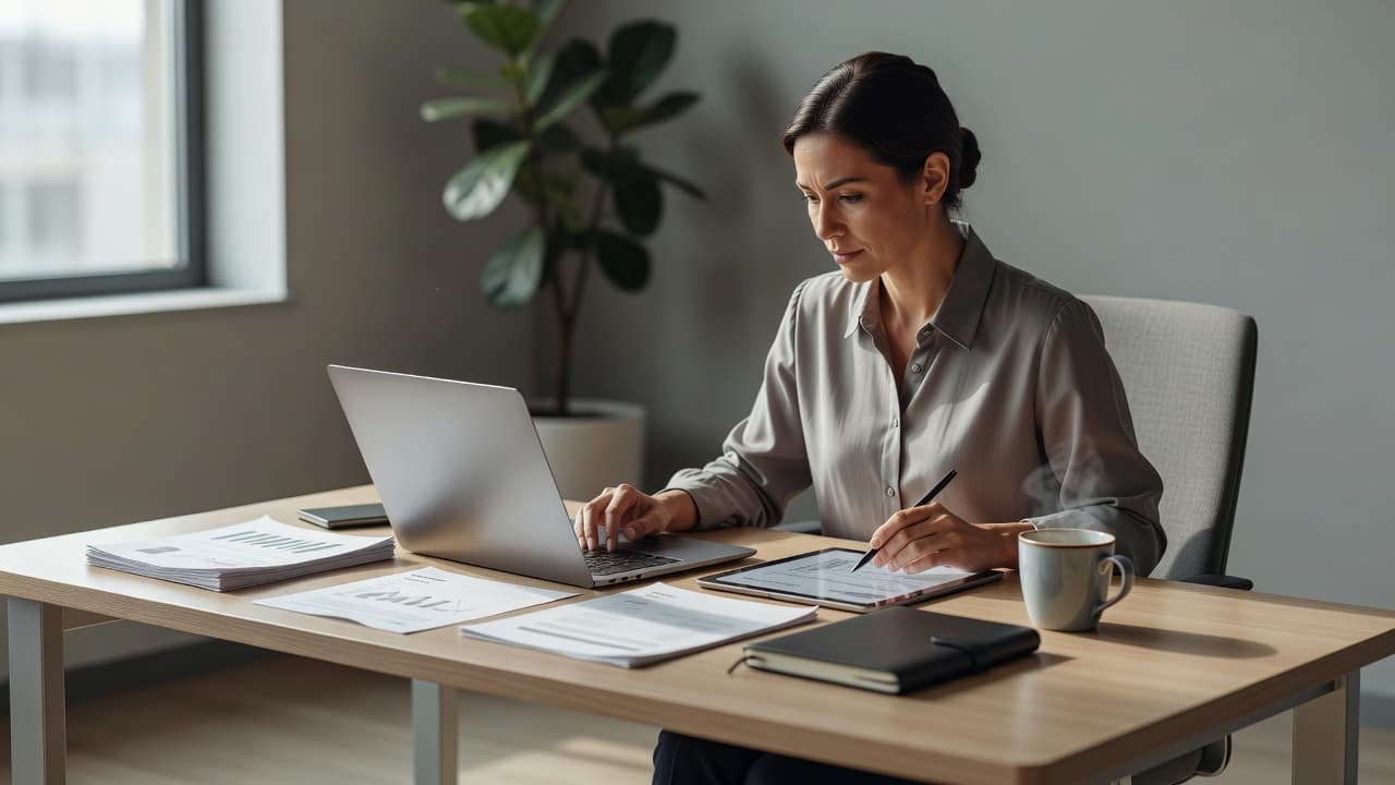 A professional editorial scene illustrating "How to Calculate Your Freelance Rate" — a freelancer or small-business owne