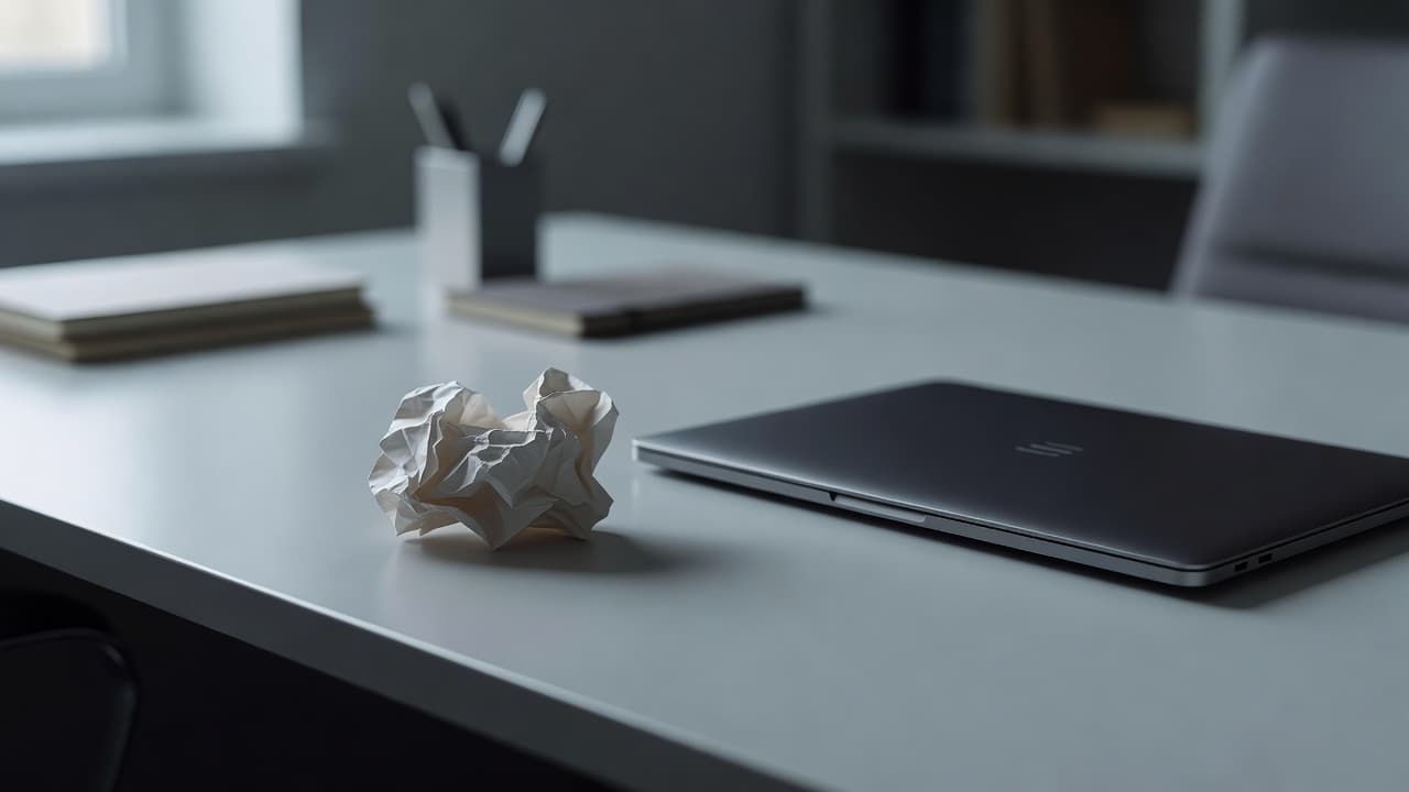 A single crumpled sheet of paper on an otherwise immaculate desk beside a closed laptop, one flaw in an orderly workspac