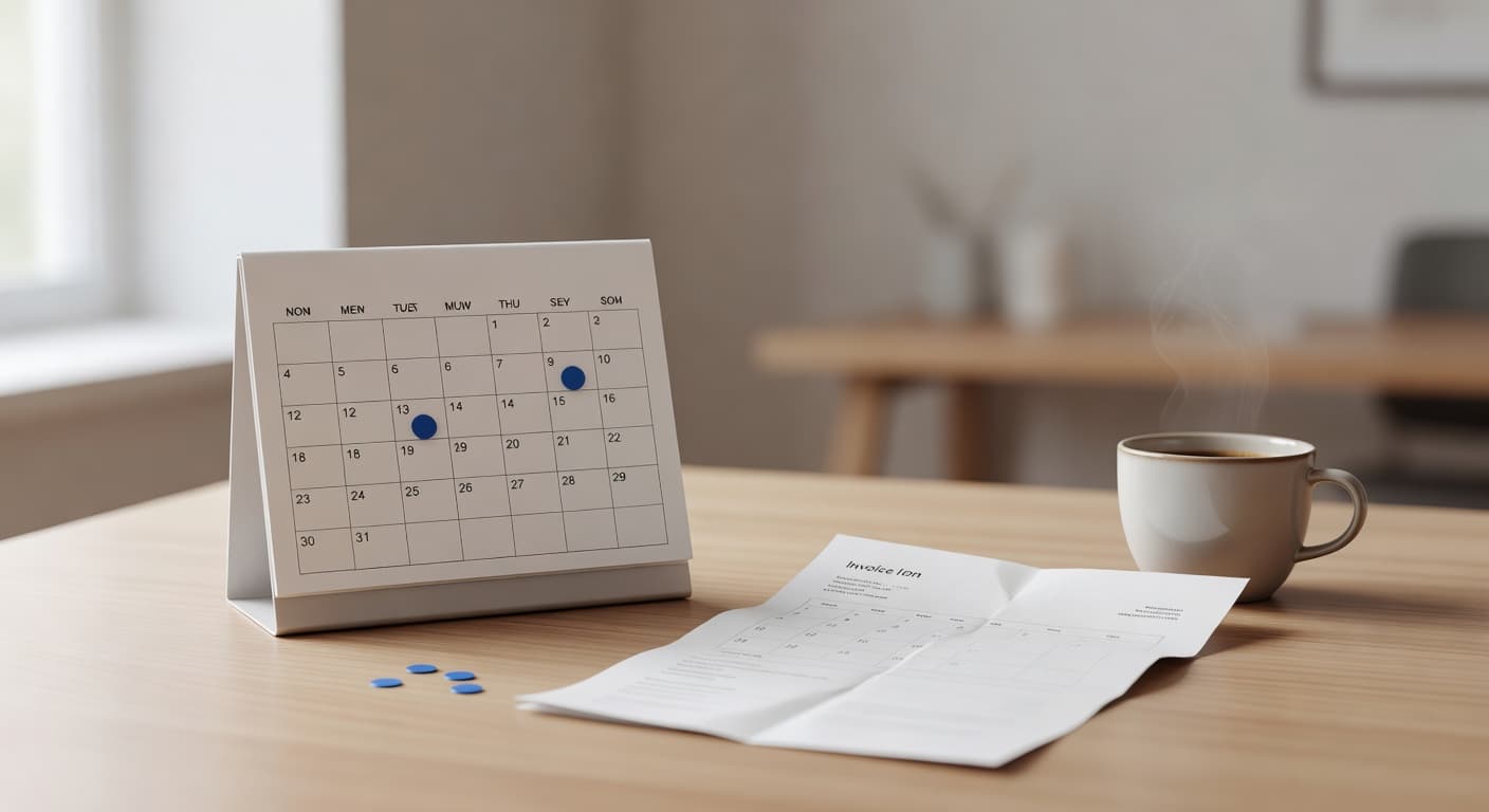 A desk calendar beside an invoice and a coffee cup, planning payment dates, warm professional setting