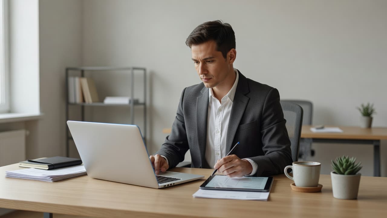 A professional editorial scene illustrating "IT Consultant Invoice Template" — a freelancer or small-business owner work