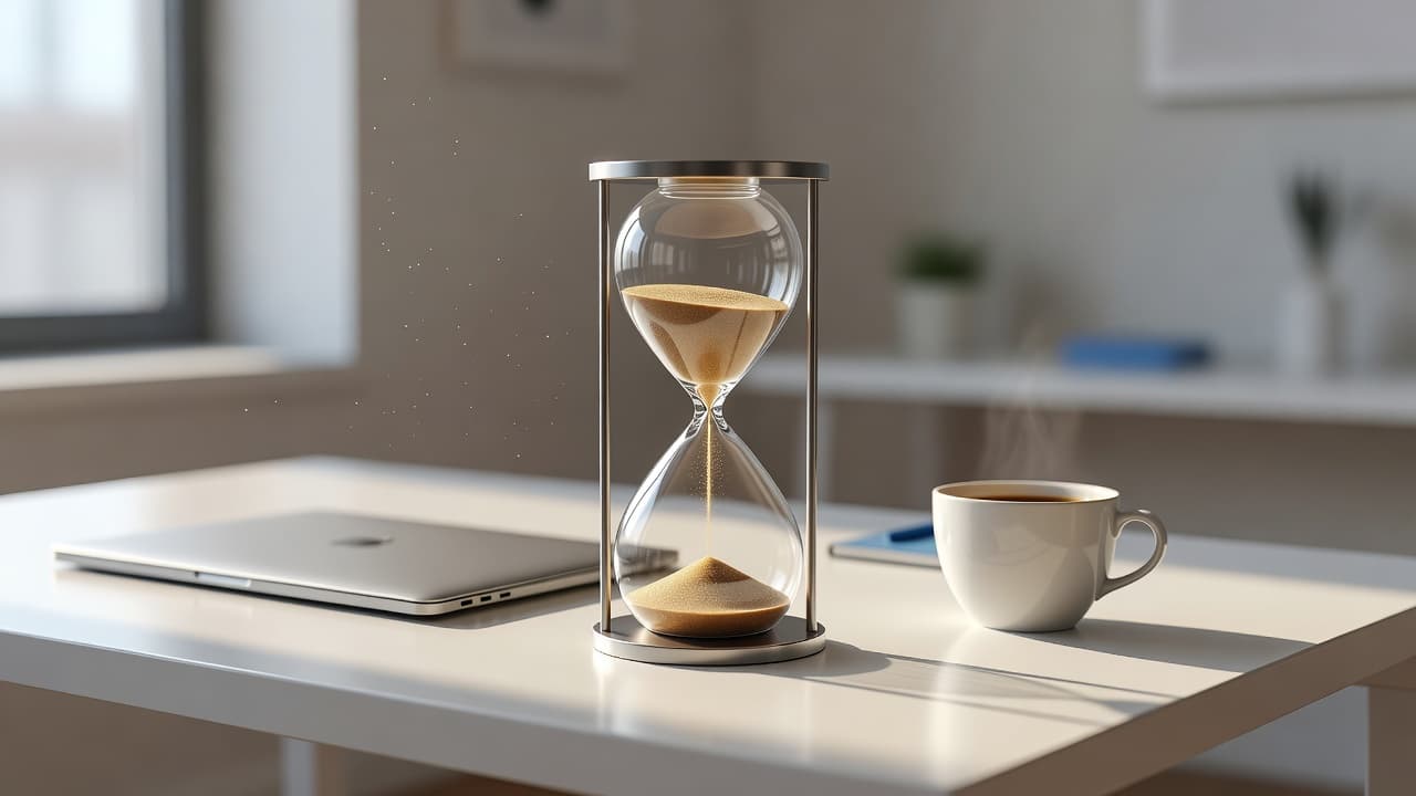 An elegant hourglass with sand mid-fall on a clean modern desk beside a closed laptop and a coffee cup