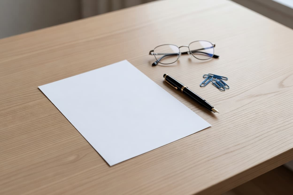 Overhead flat-lay of a neatly arranged desk: a single crisp document, a fountain pen, a folded pair of glasses and a sma