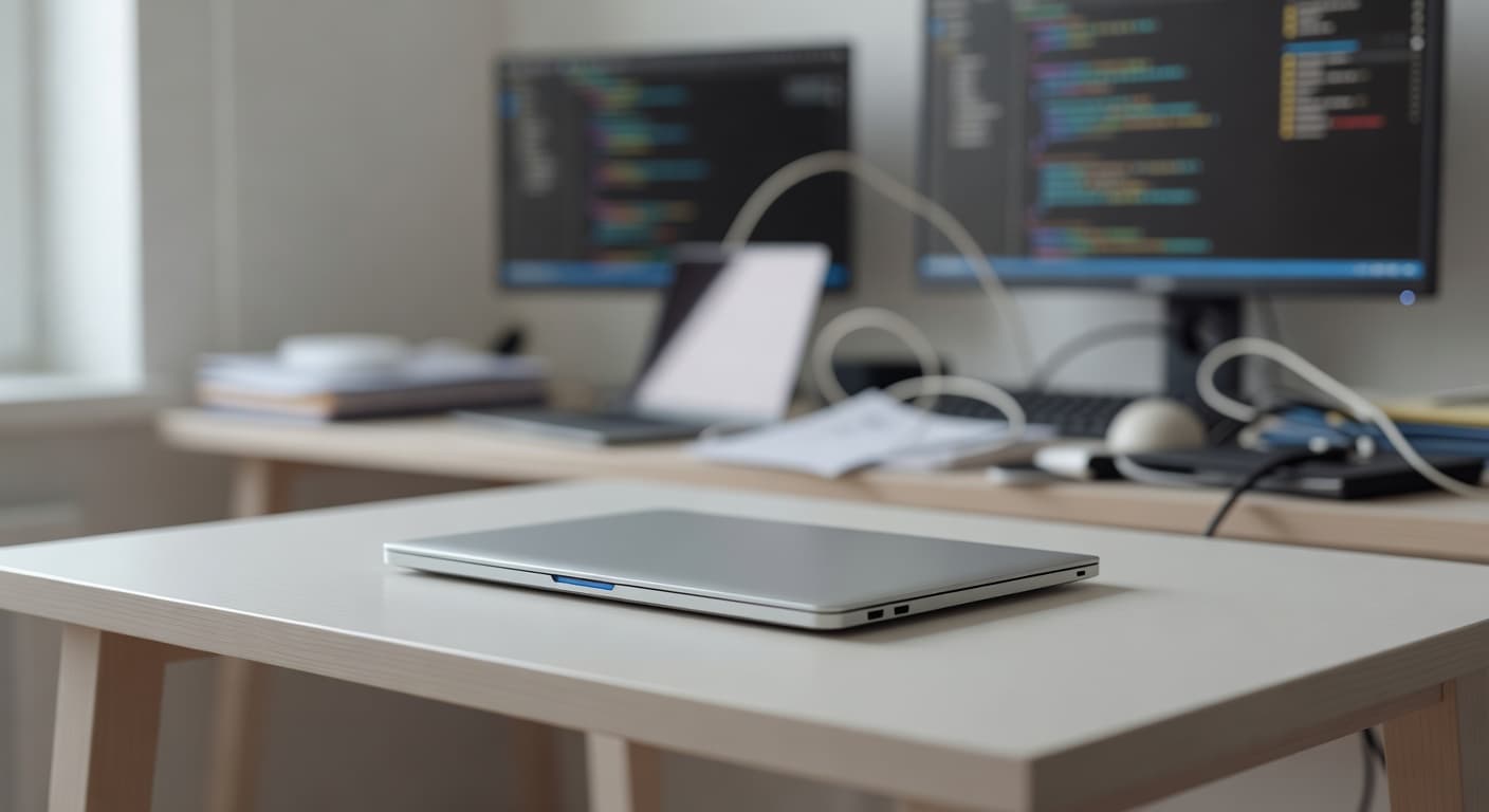 A freelancer choosing simplicity: a clean laptop on a minimal desk in focus, a cluttered complex software setup blurred 