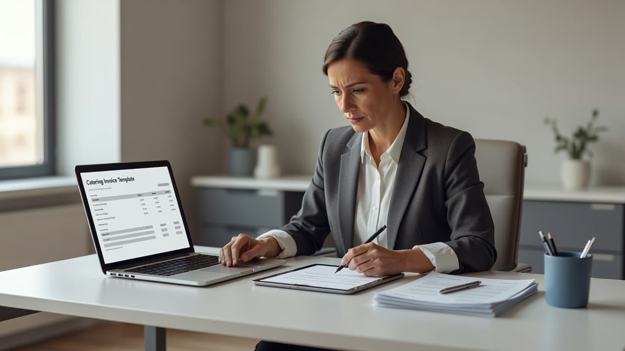 A professional editorial scene illustrating "Catering Invoice Template" — a freelancer or small-business owner working a