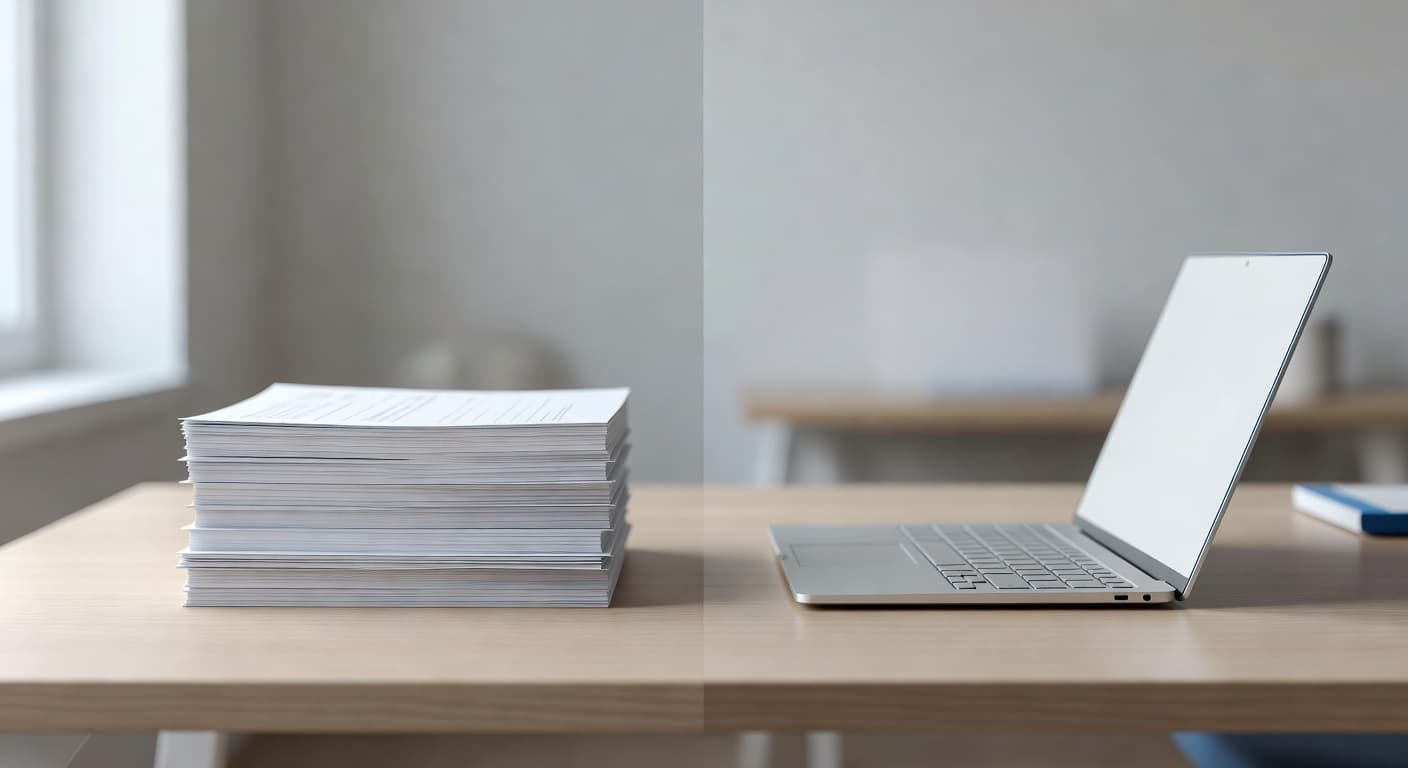 A clean desk split between a stack of paper forms on one side and a sleek modern laptop on the other, conceptual side-by