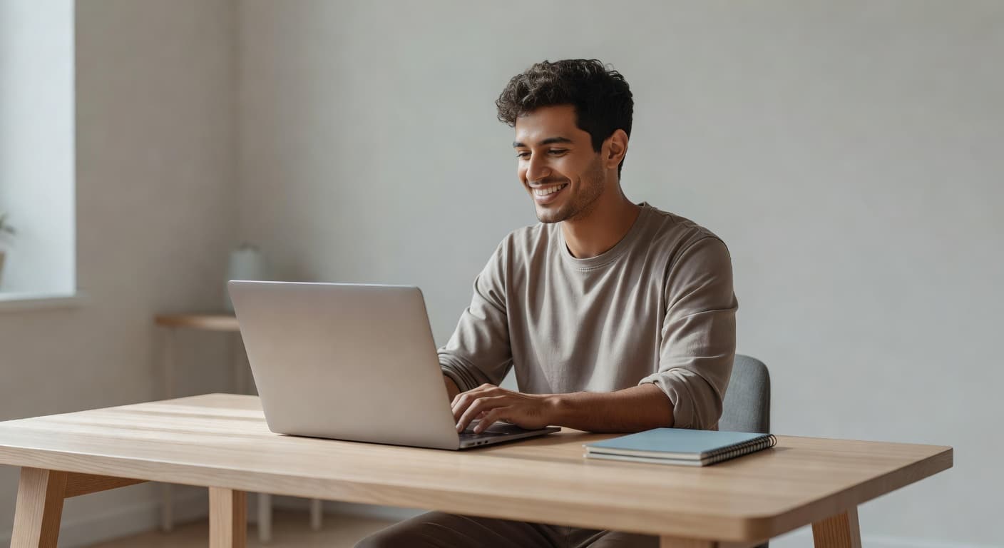 A happy solo freelancer working comfortably on a laptop in a simple uncluttered home workspace