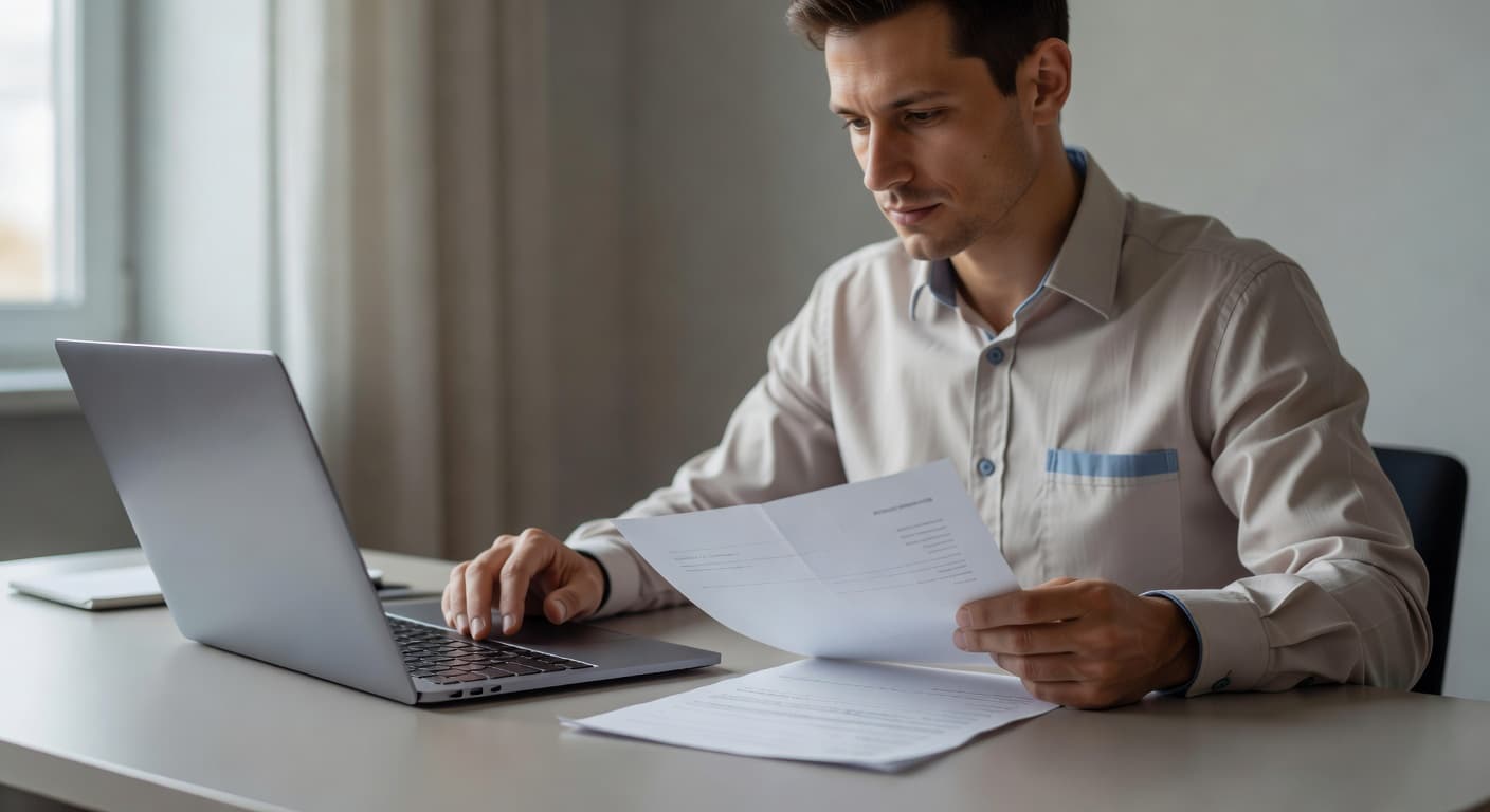 A freelancer at a tidy home-office desk reviewing a printed invoice beside an open laptop, morning light through a windo