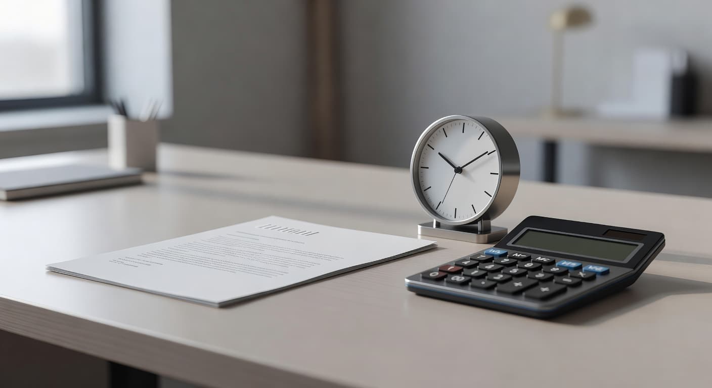 An overdue notice document on a desk beside a clock and a calculator, serious professional tone