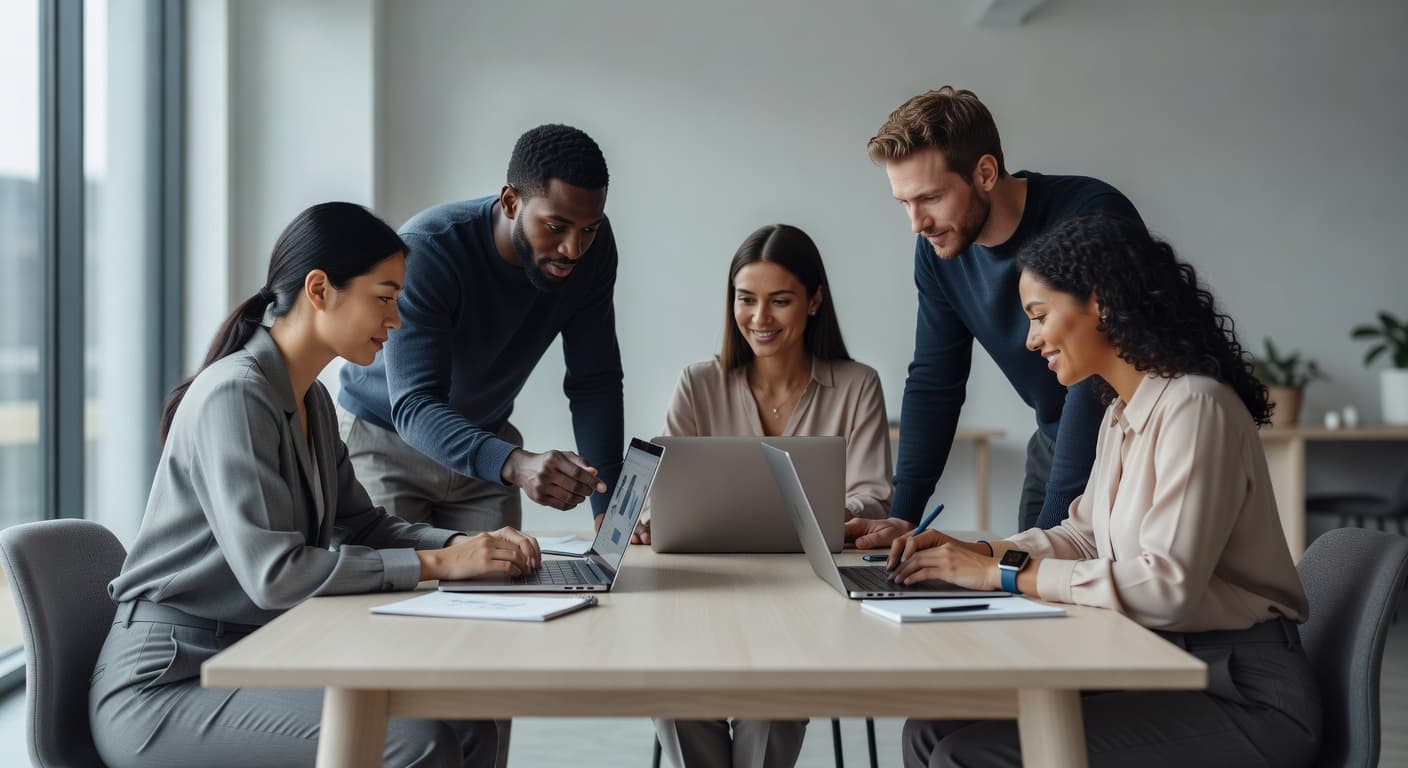 A small creative agency team collaborating around a table with laptops in a bright modern office