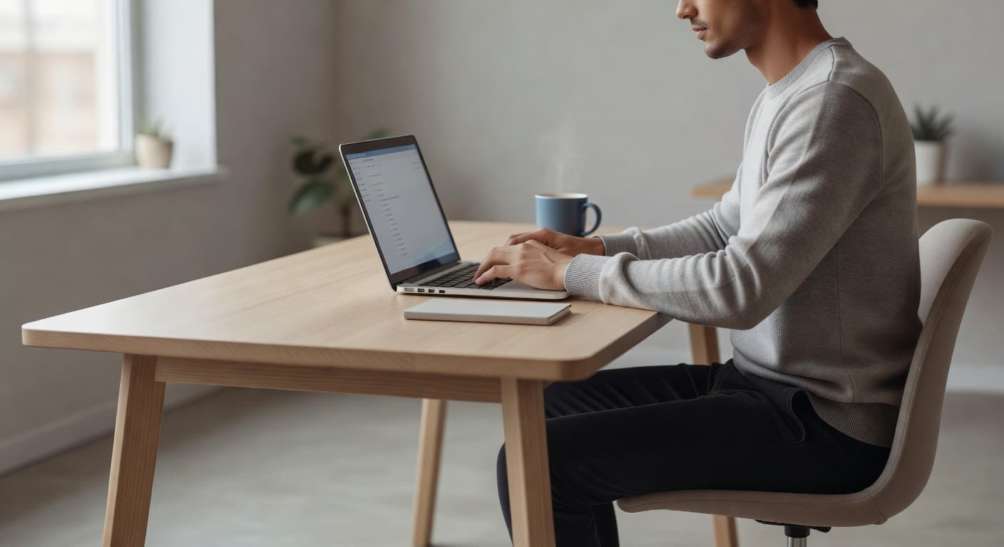 A freelancer composing a polite reminder email on a laptop at a calm tidy desk, soft daylight