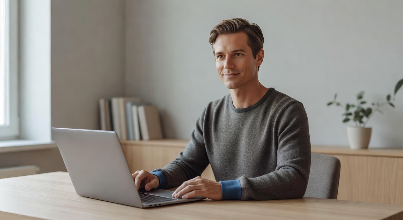 A solo creator sending an invoice from a laptop in a cozy modern home office, confident and relaxed