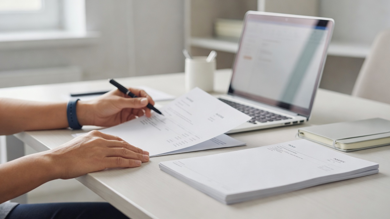 A close-up detail shot related to "Accountant Invoice Template" — hands, a laptop screen, or paperwork on a tidy desk in