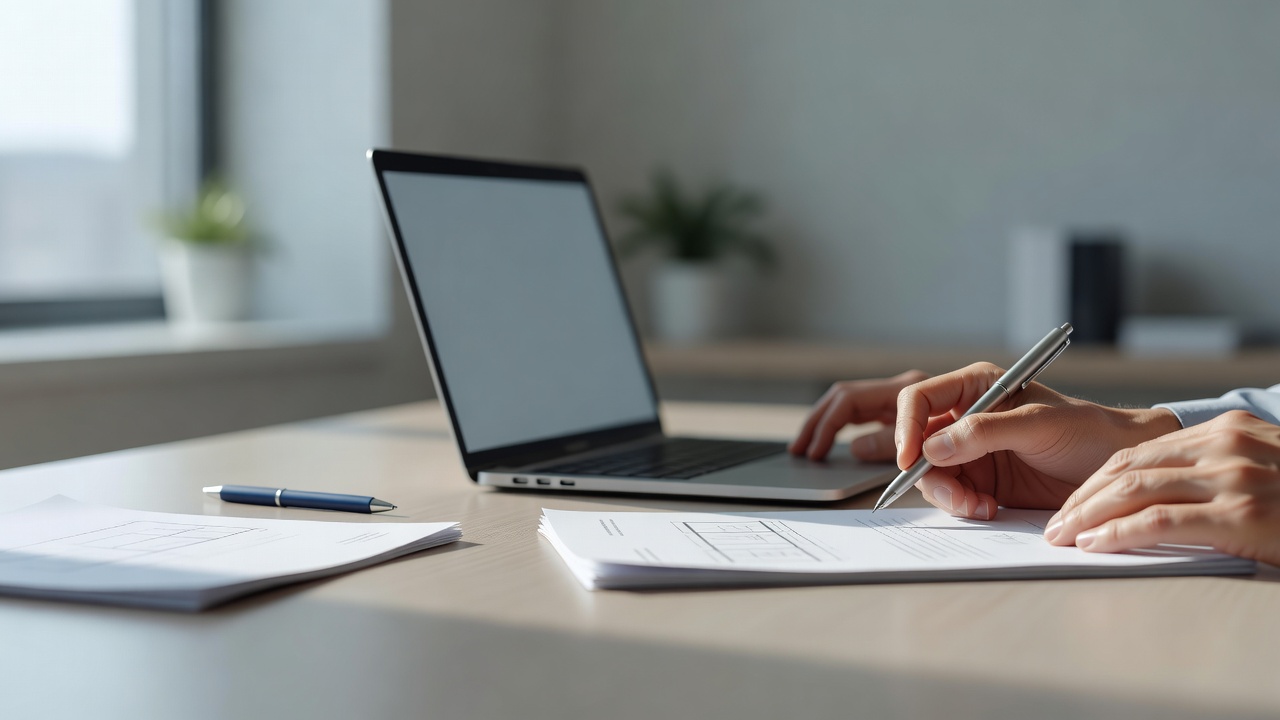 A close-up detail shot related to "Architect Invoice Template" — hands, a laptop screen, or paperwork on a tidy desk in 