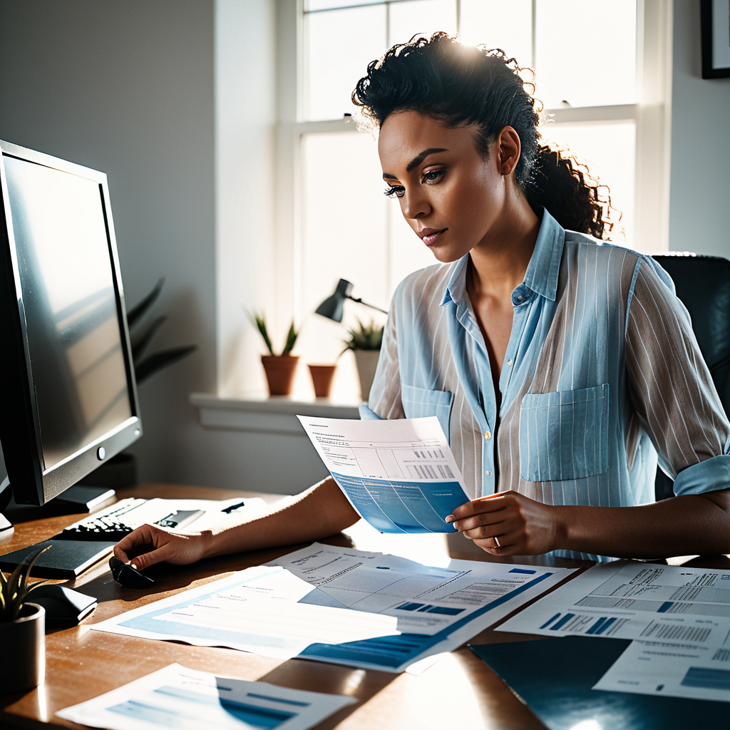 A freelancer in a light-filled studio reviewing a printed invoice pinned beside a monitor, late-afternoon sun cutting th