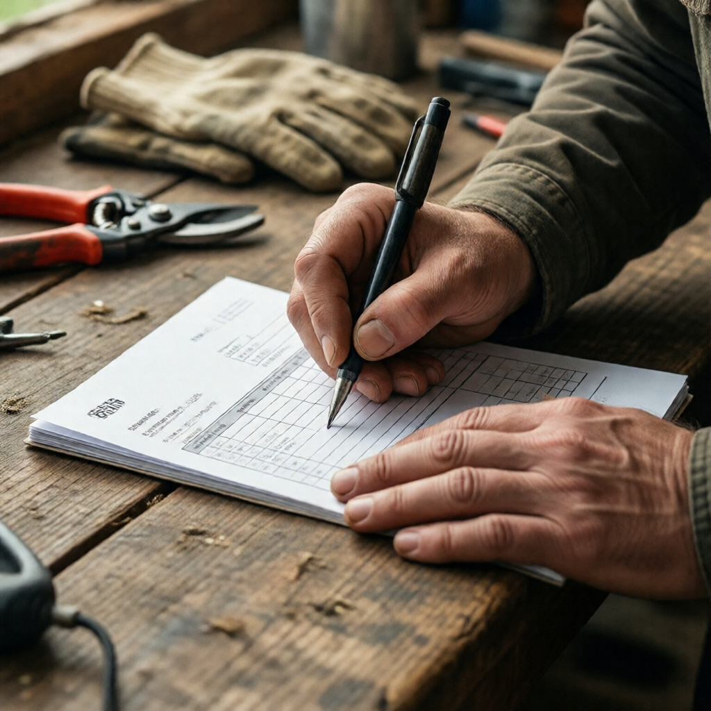 Close-up of a lawn care professional's hands writing on a crisp invoice form at a worn wooden workbench, hedge clippers 