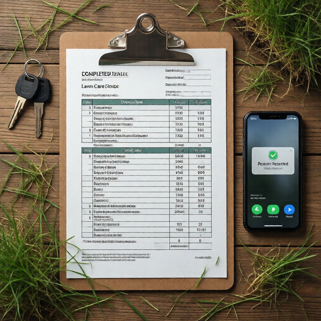 Overhead flat-lay of a completed lawn care invoice on a clipboard, surrounded by a set of gate keys, a smartphone showin