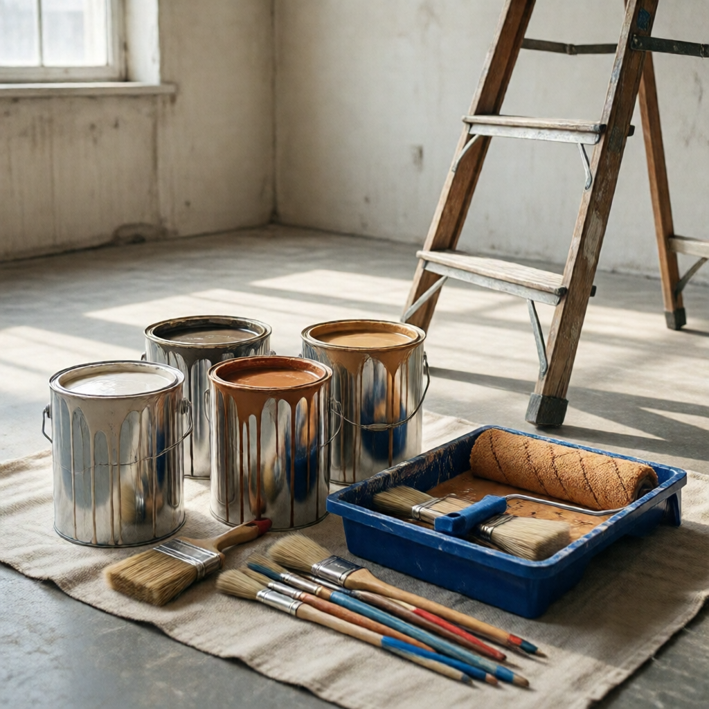Paint supplies and a ladder ready for the next job