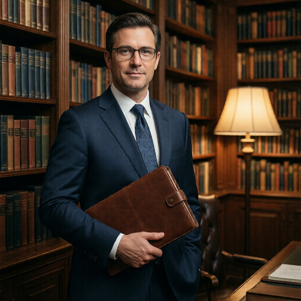 An attorney in a book-lined office