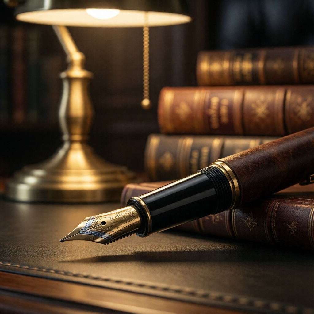 A fountain pen and leather-bound books on a lawyer's desk