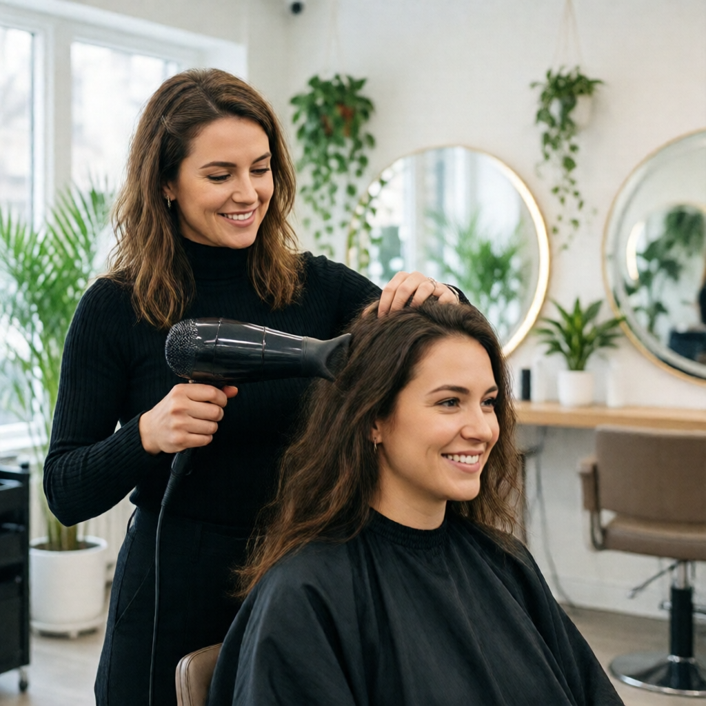 A freelance hair stylist working on a client in a bright salon booth