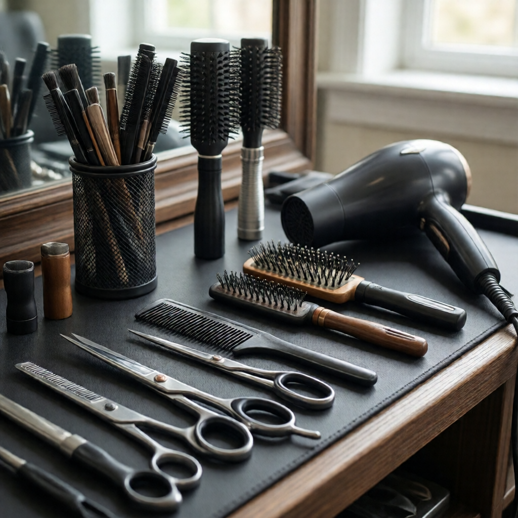 A stylist's scissors, combs and brushes laid out on the station