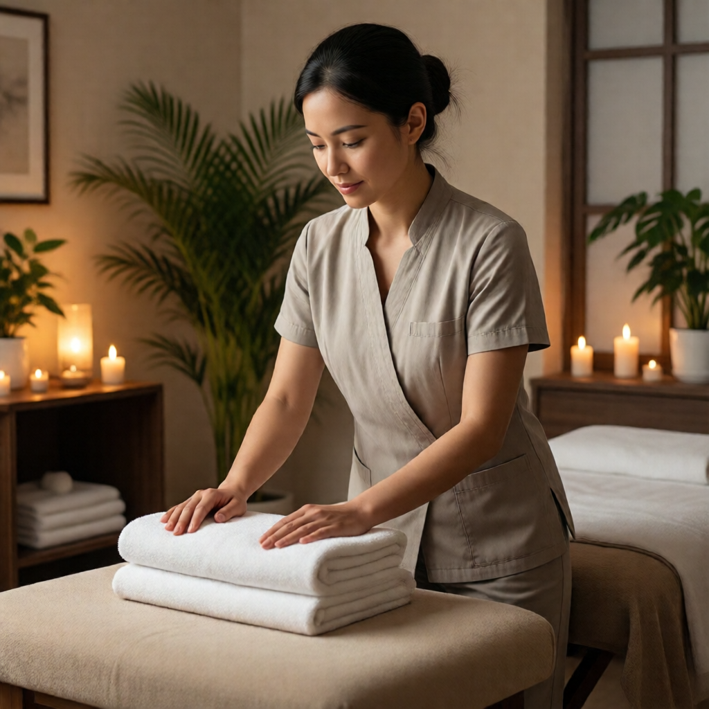 A massage therapist preparing the treatment room for the next client