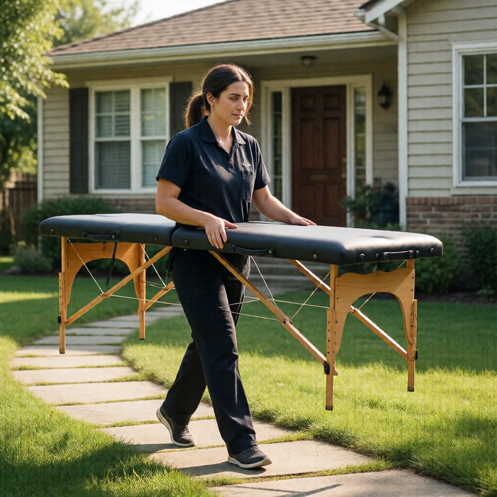 A mobile massage therapist arriving at a client's home
