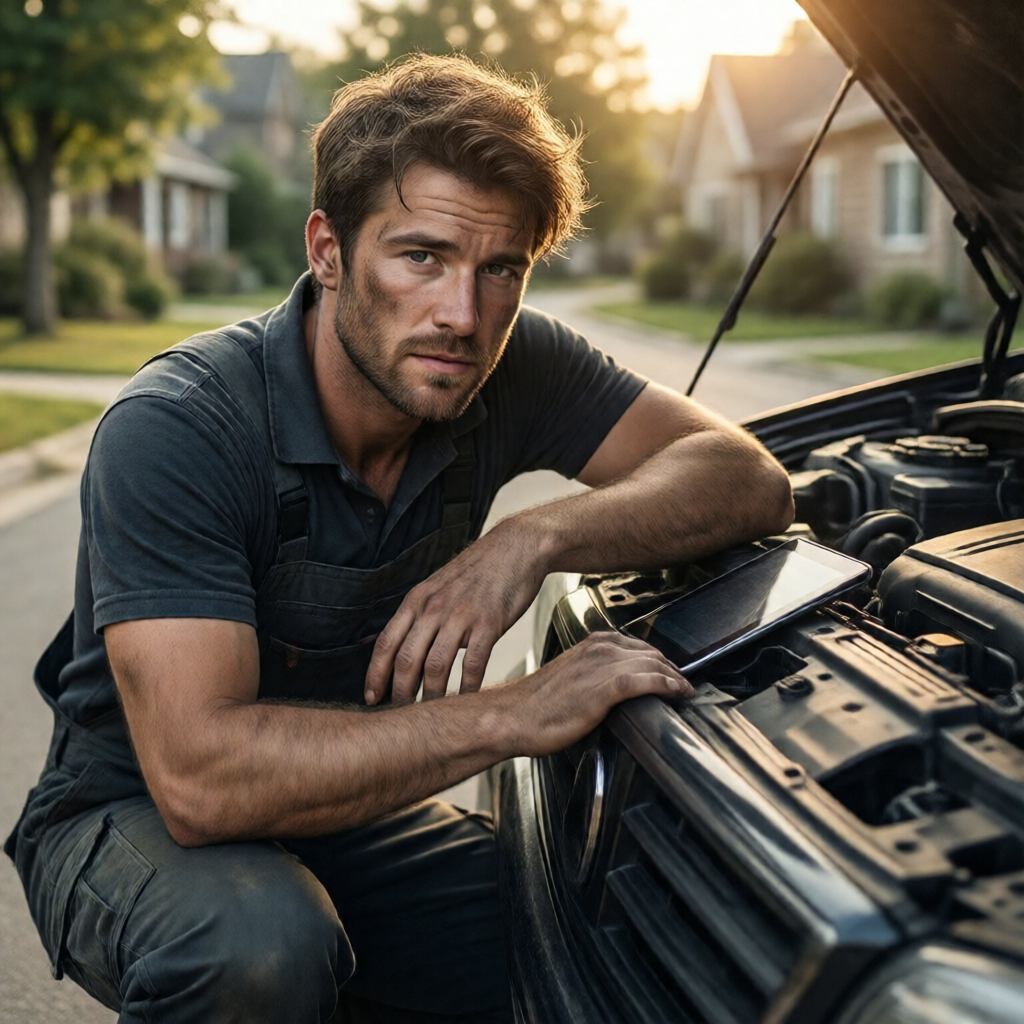 A mobile mechanic crouched beside an open hood in a sunlit suburban driveway