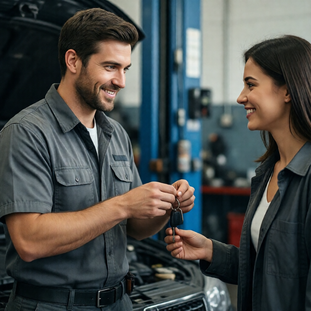 An auto mechanic handing car keys back to a smiling customer in a bright garage