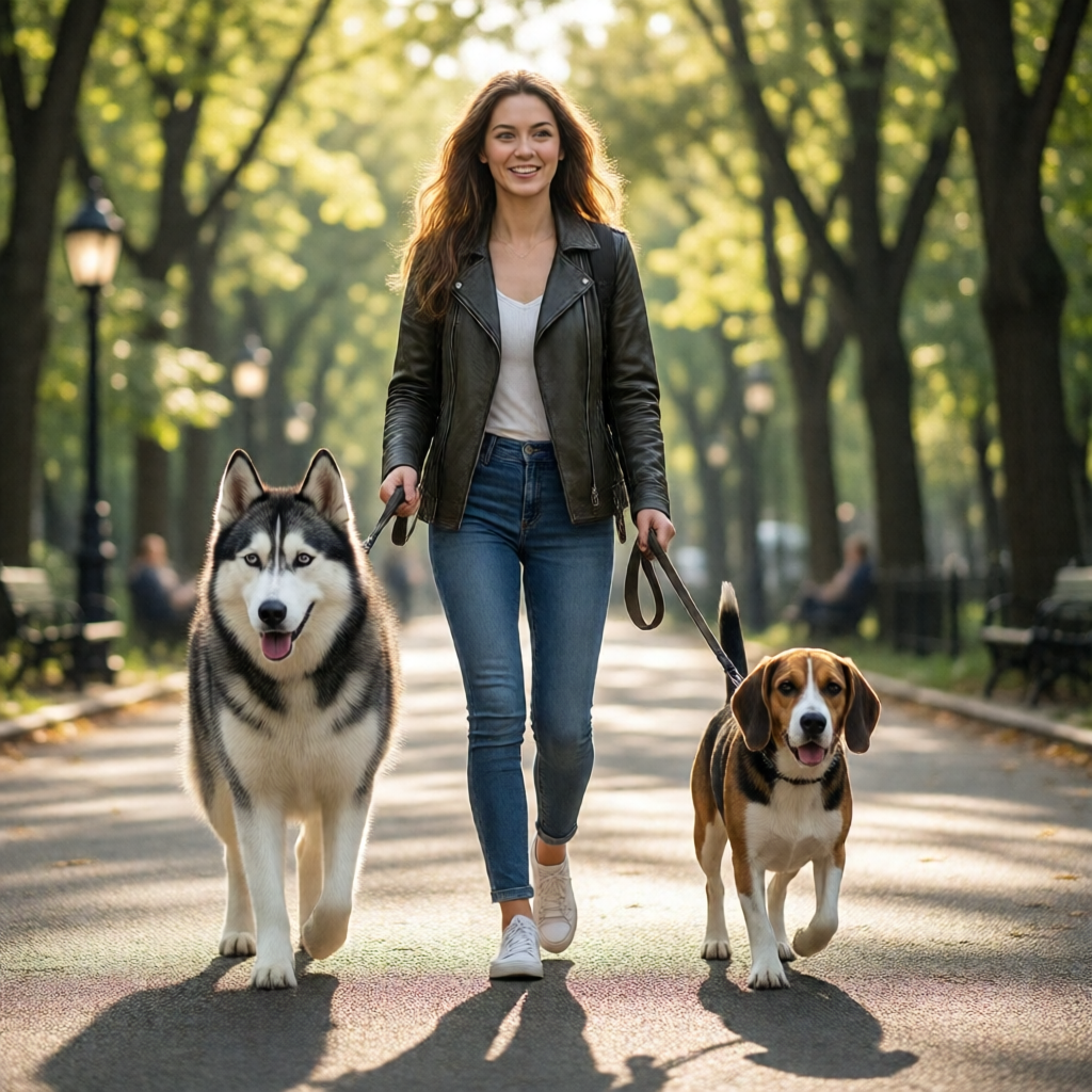 A dog walker striding through a sun-dappled park with a husky and a beagle
