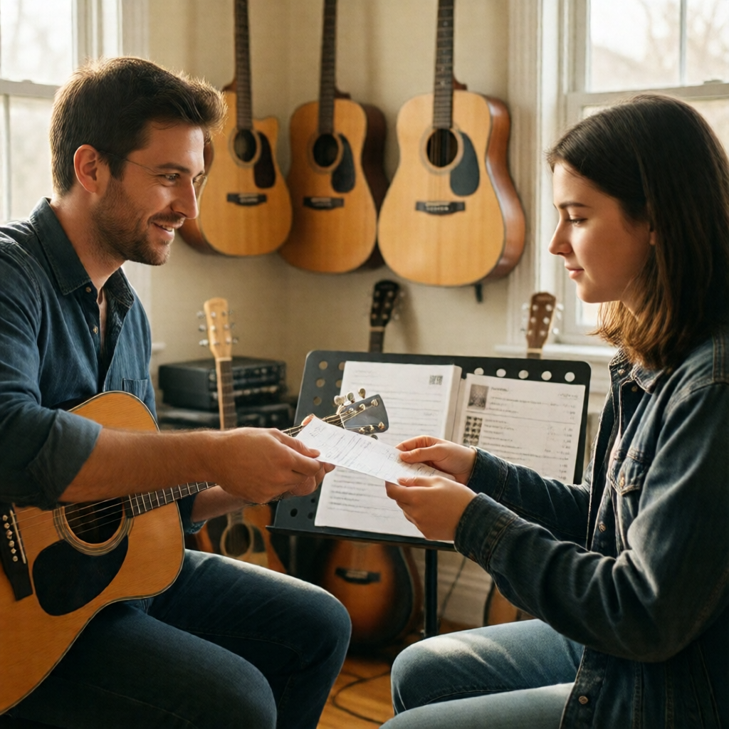 A guitar instructor handing a printed invoice across a music stand to a teenage student in a sun-drenched home studio, a
