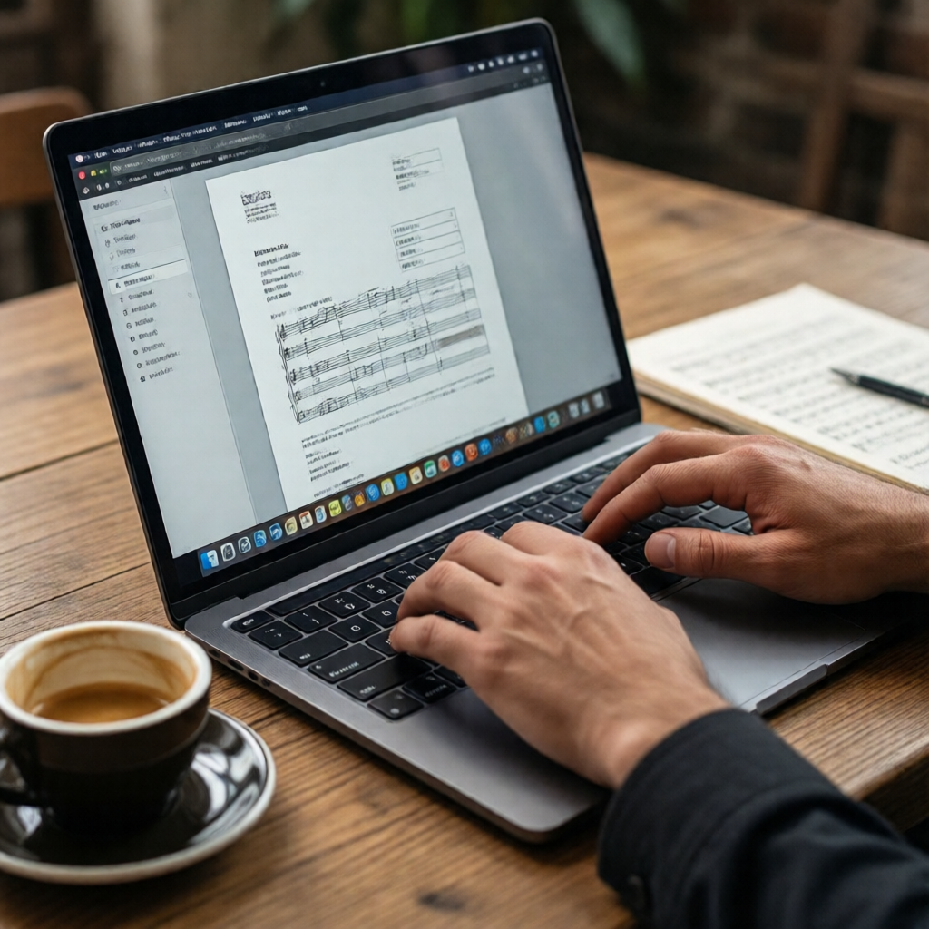 Close-up of a pair of hands typing on a slim laptop showing a clean invoice generator interface, a half-empty espresso c