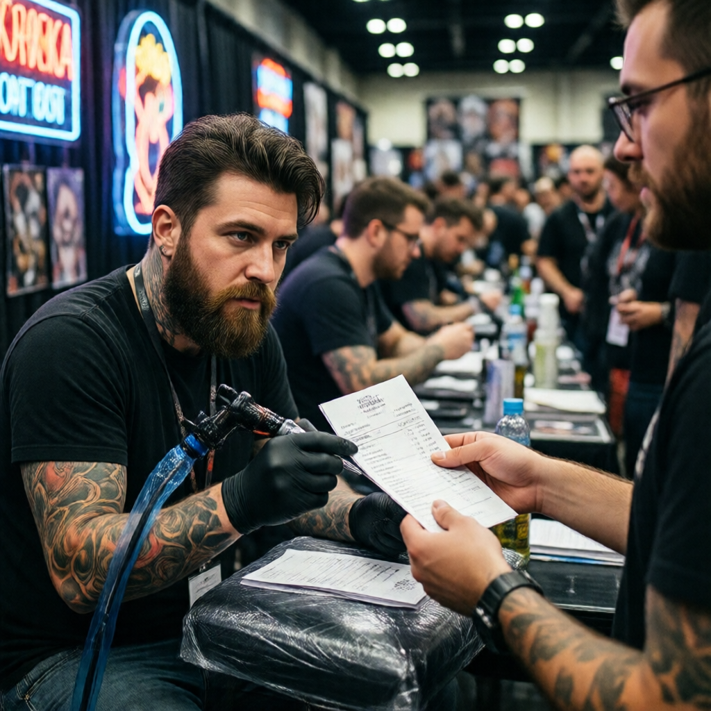 Tattoo artist at a busy convention booth handing a folded invoice to a client — neon signage blurred in the background, 