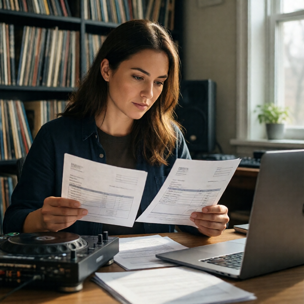 A focused DJ reviewing printed invoice pages alongside a laptop in a home studio — shelves of vinyl records in the backg
