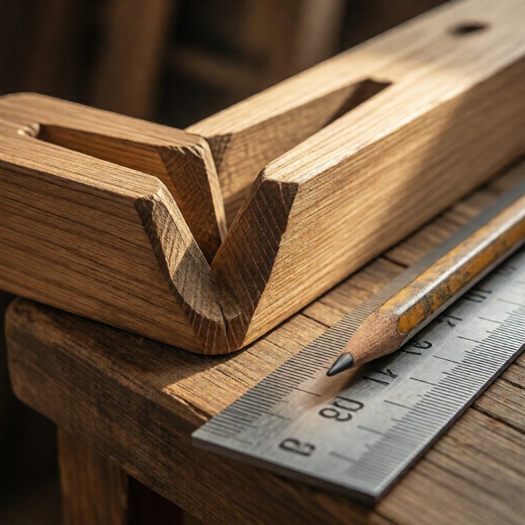 Extreme close-up of a carpenter's bench: hand-cut dovetail joints mid-assembly, a worn pencil resting on a steel rule, w