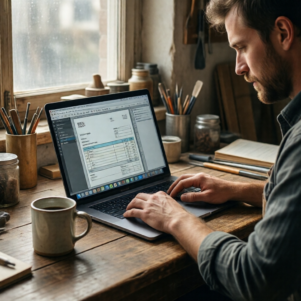 A self-employed carpenter at a tidy workshop desk, laptop open to a clean digital invoice, a ceramic coffee mug to one s