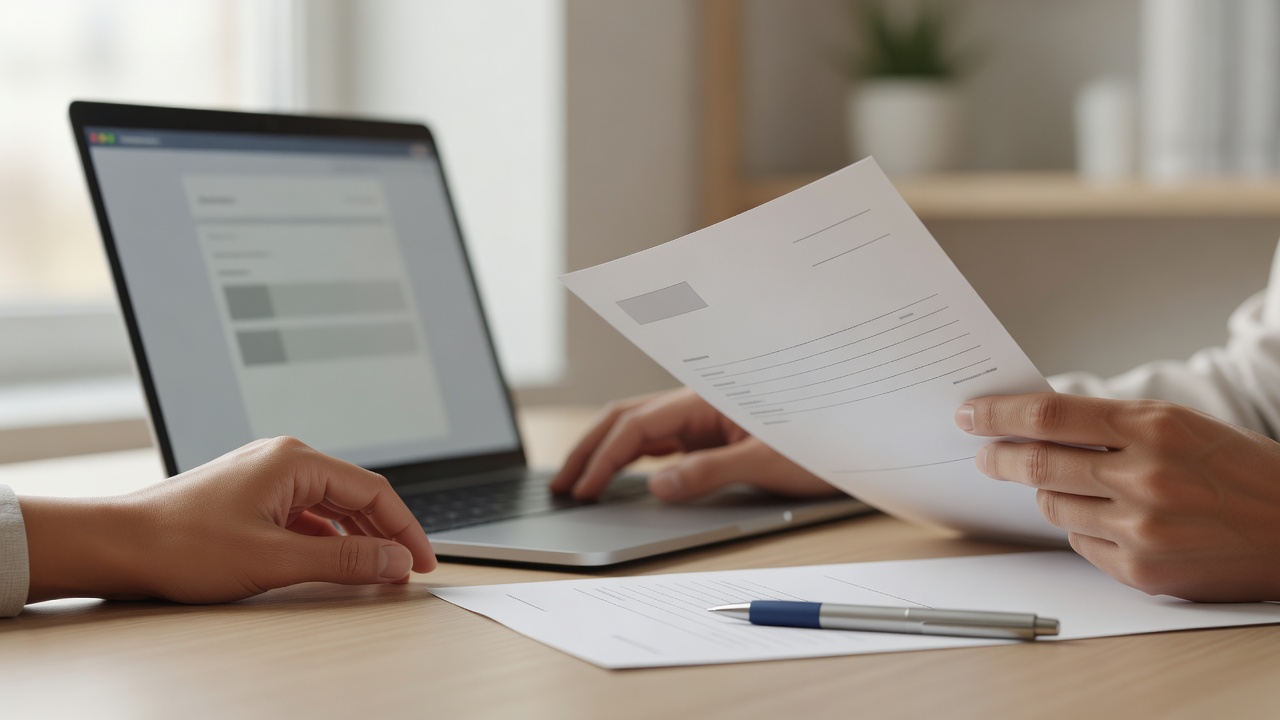 A close-up detail shot related to "Catering Invoice Template" — hands, a laptop screen, or paperwork on a tidy desk in a
