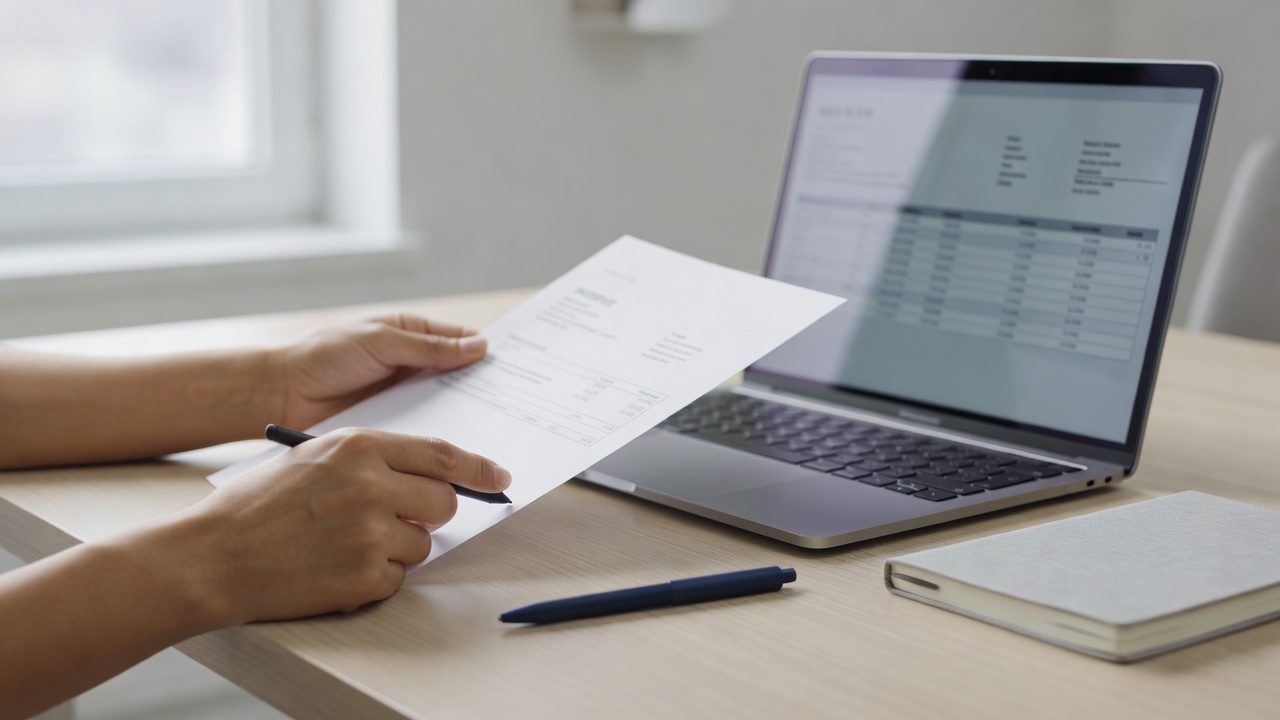 A close-up detail shot related to "Moving Company Invoice Template" — hands, a laptop screen, or paperwork on a tidy des