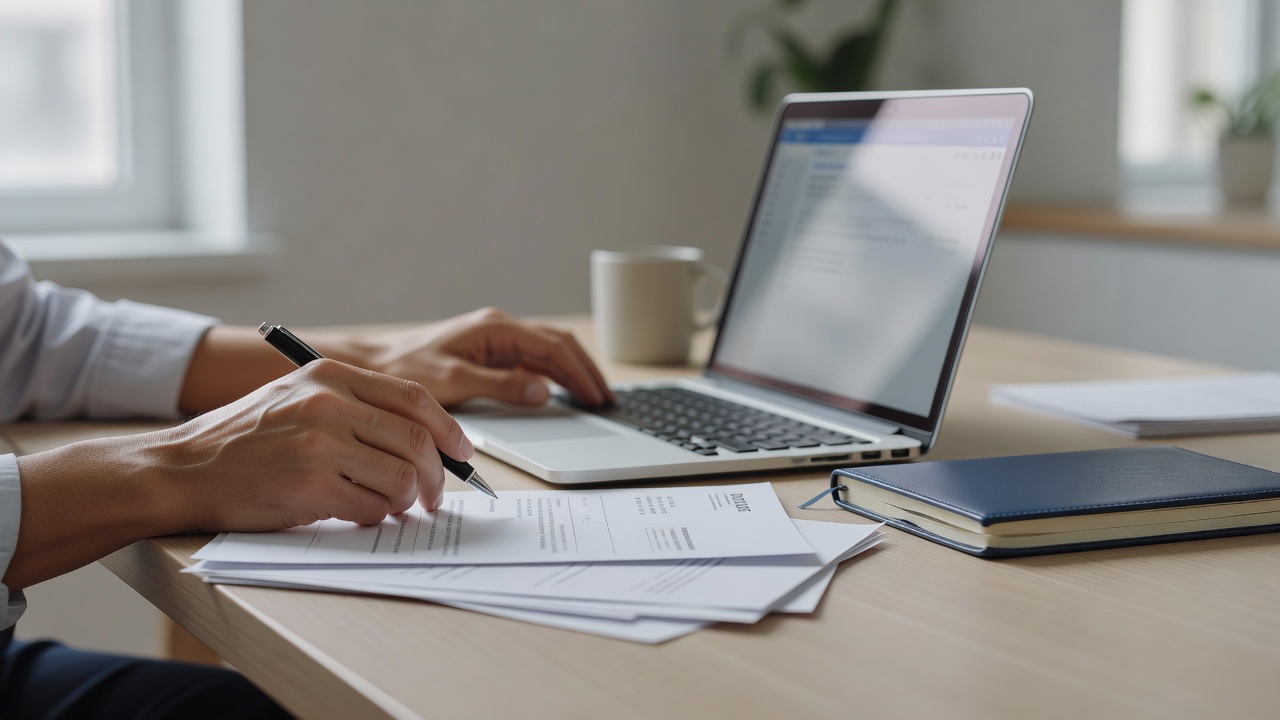 A close-up detail shot related to "Bookkeeper Invoice Template" — hands, a laptop screen, or paperwork on a tidy desk in