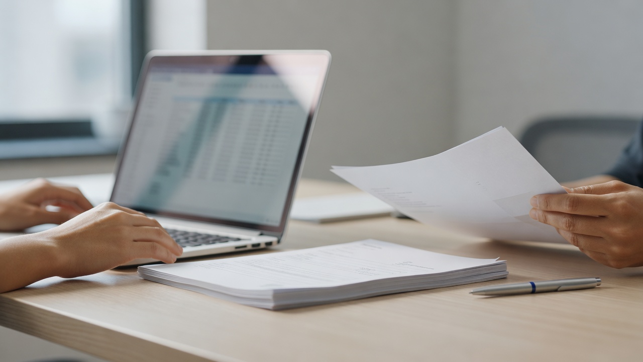 A close-up detail shot related to "Deposit Invoice Template" — hands, a laptop screen, or paperwork on a tidy desk in a