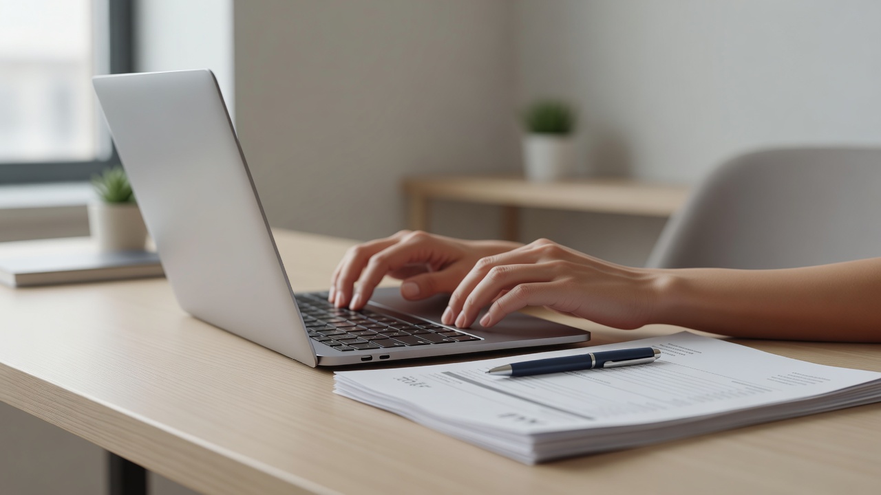 A close-up detail shot related to "How to Calculate Your Freelance Day Rate (Formula + Calculator)" — hands, a laptop sc