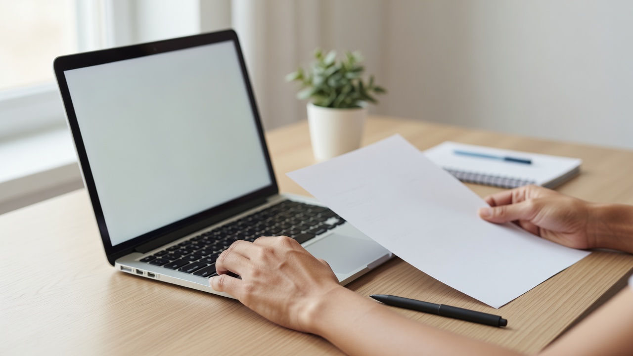 A close-up detail shot related to "Freelance Writer Invoice Template" — hands, a laptop screen, or paperwork on a tidy d