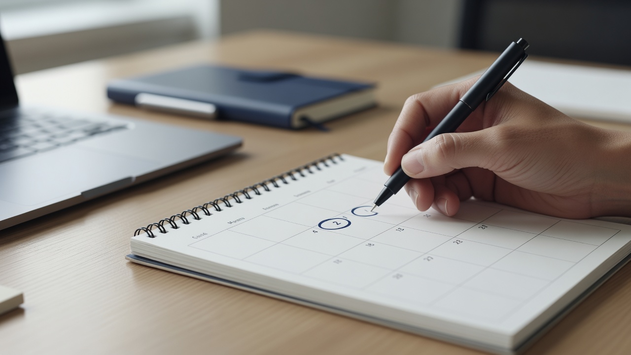 Close-up of a hand marking two dates on a desk calendar with a narrowing gap between them, clean professional desk, shal