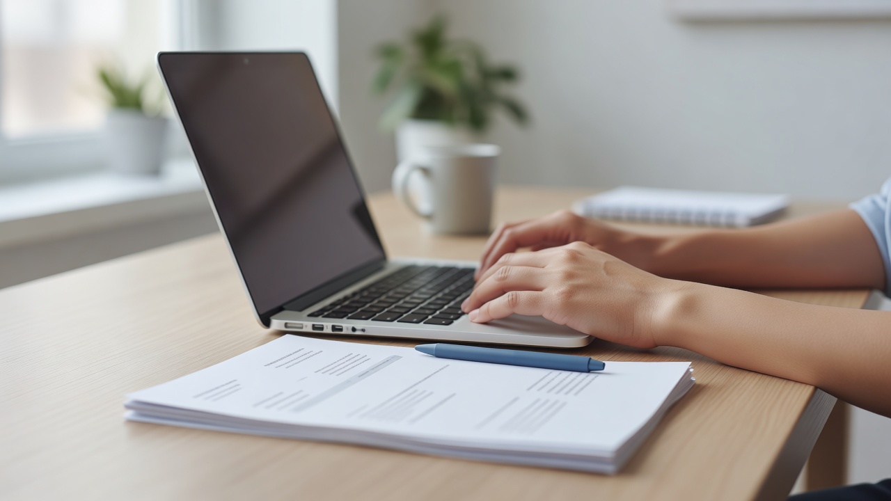 A close-up detail shot related to "HoneyBook Alternative for Freelancers Who Only Need Invoicing" — hands, a laptop scre