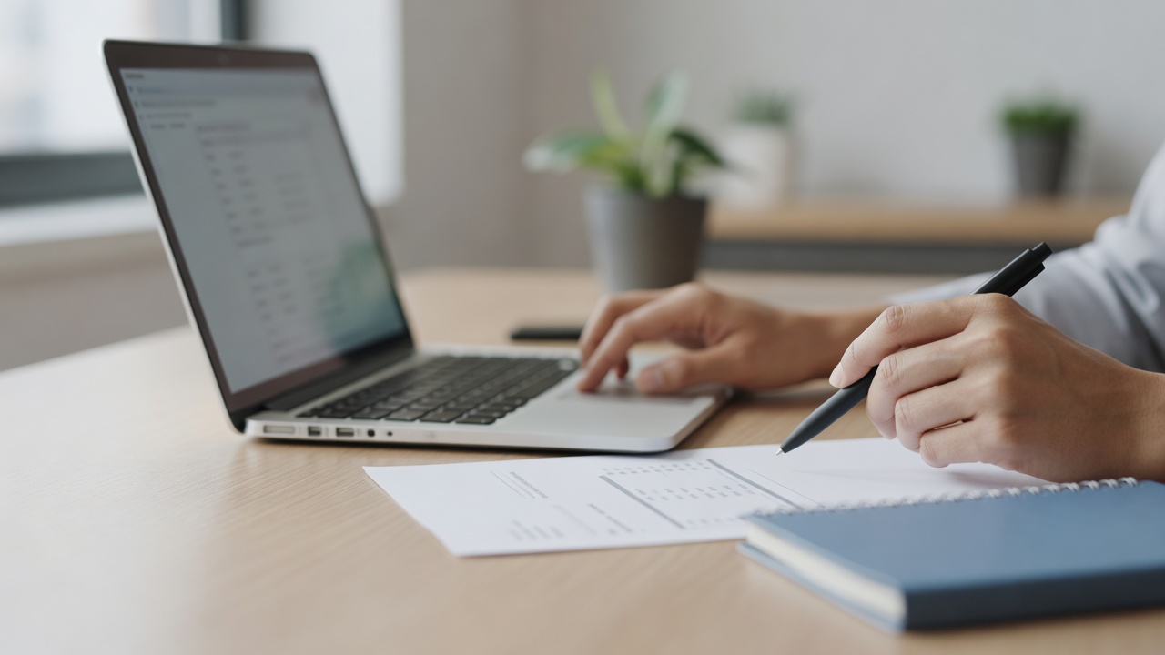 A close-up detail shot related to "How to Calculate Your Freelance Rate" — hands, a laptop screen, or paperwork on a tid